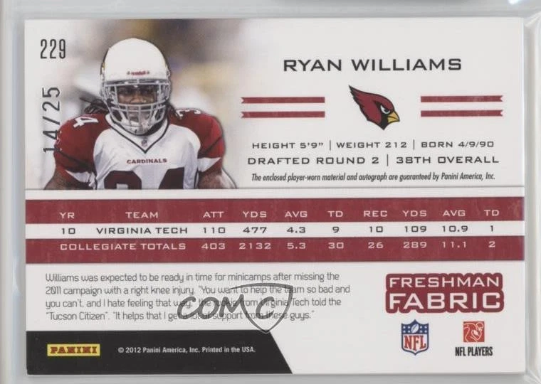 2011 Totally Certified Freshman Fabric Gold /25 Ryan Williams Rookie Auto RC - Image 2 of 2