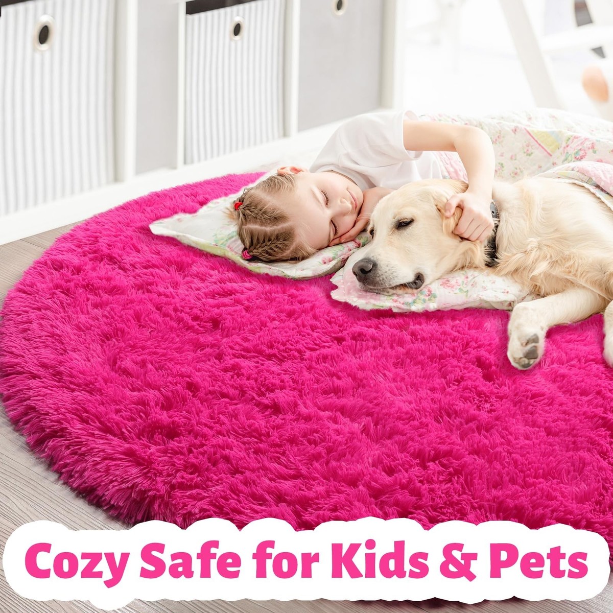 Hot Pink Round Rug 4Ft for Girls Bedroom, Fluffy Circle Area Rugs