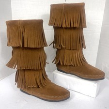Minnetonka Fringe Moccasin Boots Womens 5 Brown Suede 1632 Mid Calf Western