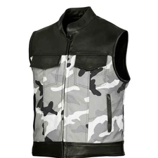 Mens White Grey Camo Leather Motorcycle Vest Biker Club Riding Waistcoat Conceal
