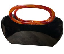 Vtg 50s Bobbie Jerome Clutch Handbag Black Patent Leather Purse Bakelite Handles