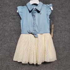 Guess Kids Girls 24 Mo Blue Denim & Cream Tulle Sleeveless Button Sparkle Dress 