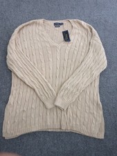Polo Ralph Lauren Sweater Mens XL Beige Pima Cotton V Neck Cable Knit Pullover