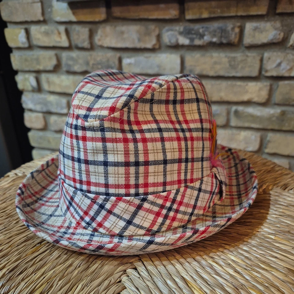 Vintage Stetson Stevens Fedora Hat 7 3/8 Red White Blue Gold Plaid Tweed USA - Image 3 of 4