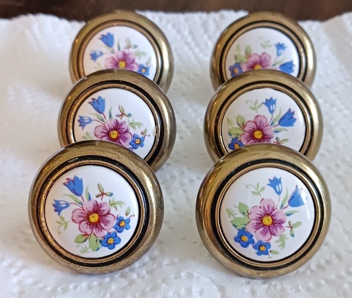 6 Vintage Brass Porcelain Cottagecore Floral Drawer cabinet Knobs pulls