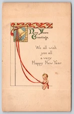 New Year Baby Holds Red Ropes To Bell~ART DECO~L&E 4251~c1910 Vintage Postcard