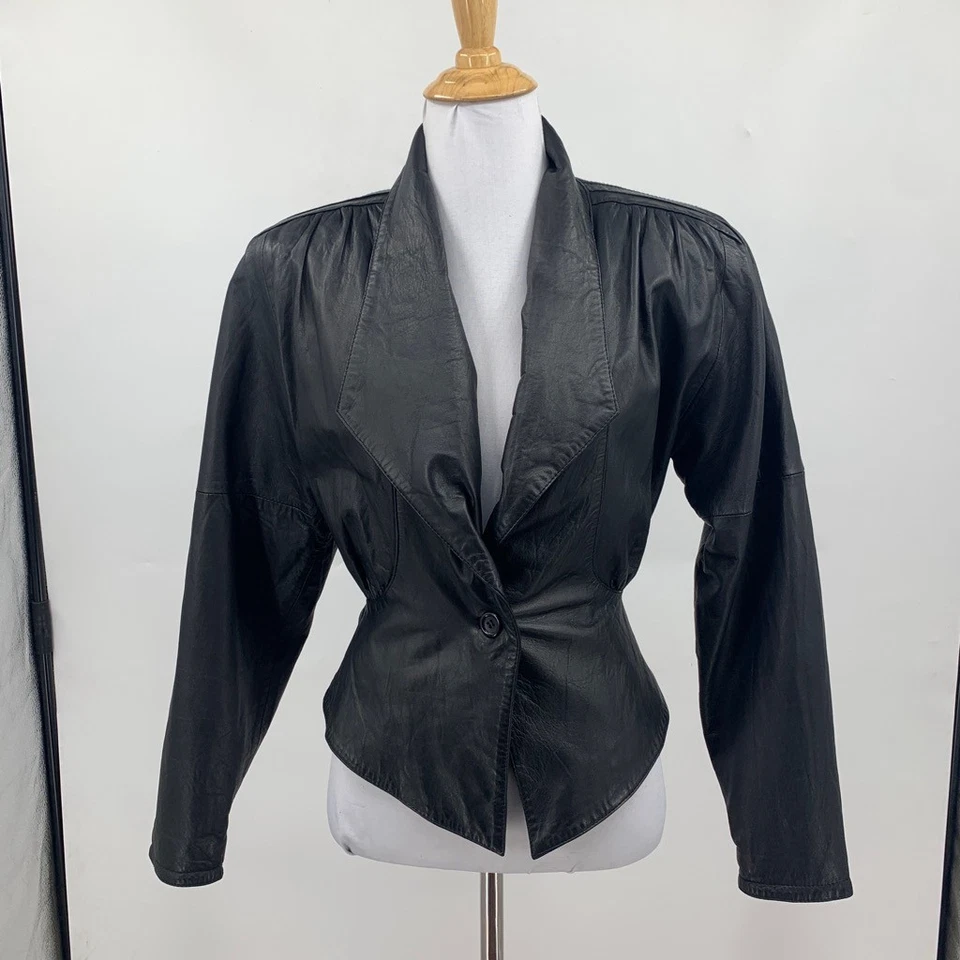 Tannery West Jacket Women XS Extra Small Black Leather Cropped Buckle Wide Lapel - Image 2 of 4