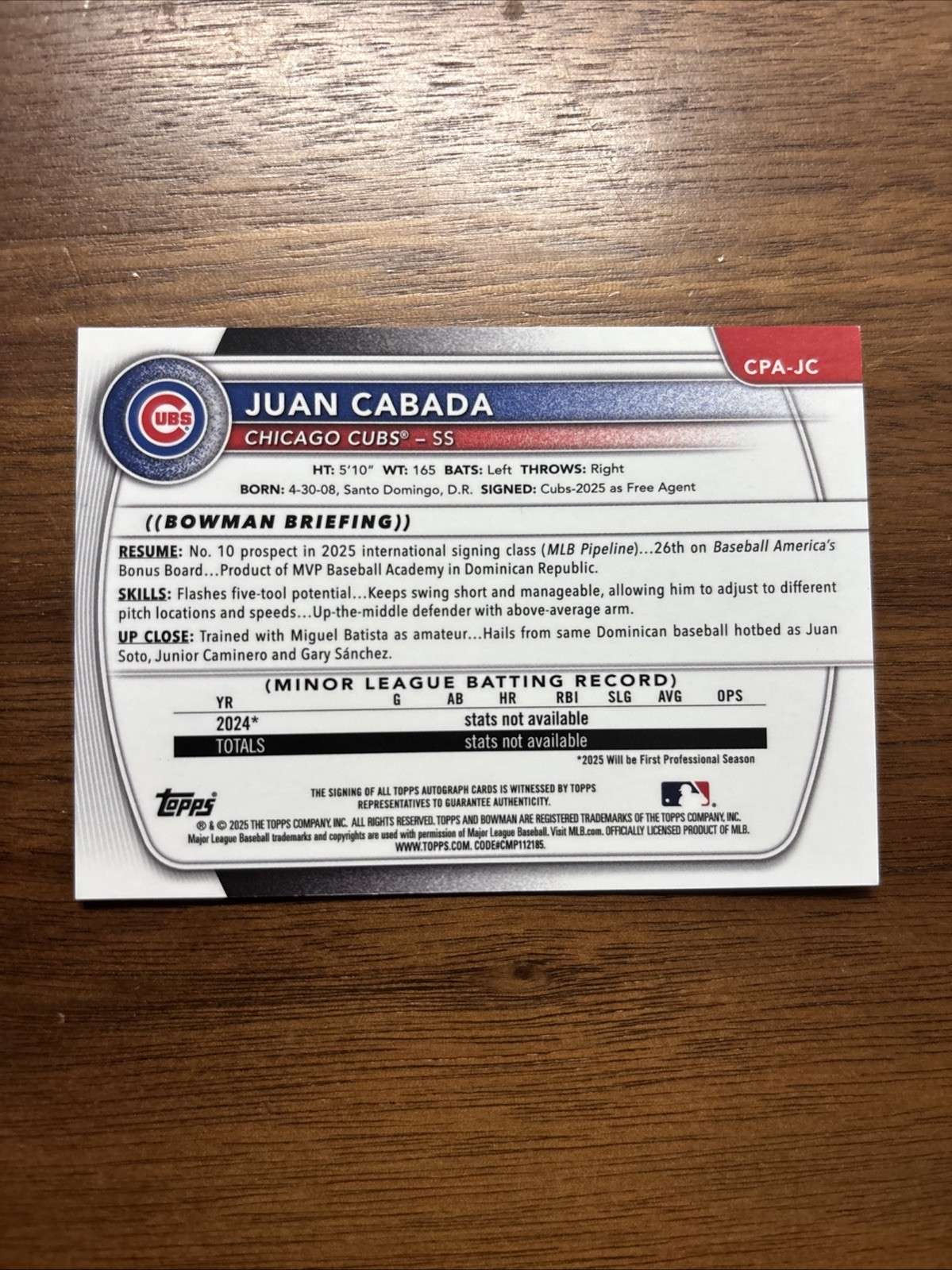 JUAN CABADA 2025 Bowman Chrome #CPA-JC Cubs 1st Speckle Refractor Auto /299 view 2
