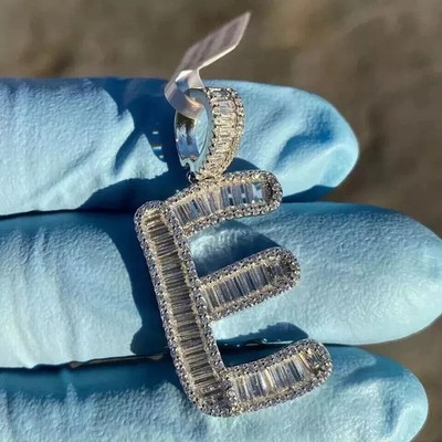 4Ct Baguette Lab-Created Diamond E Letter Initial Pendant 14K White Gold Plated
