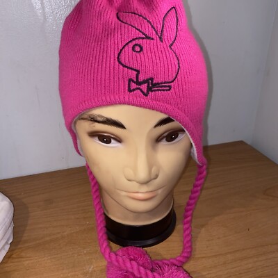 Playboy Pink Knit Bomber Hat With Embroidered Logo Beanie White