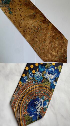 Lotto di 2 cravatta larga in seta vintage anni '90 Kenzo punti gialli fiori blu nero astratto - Foto 1 di 15