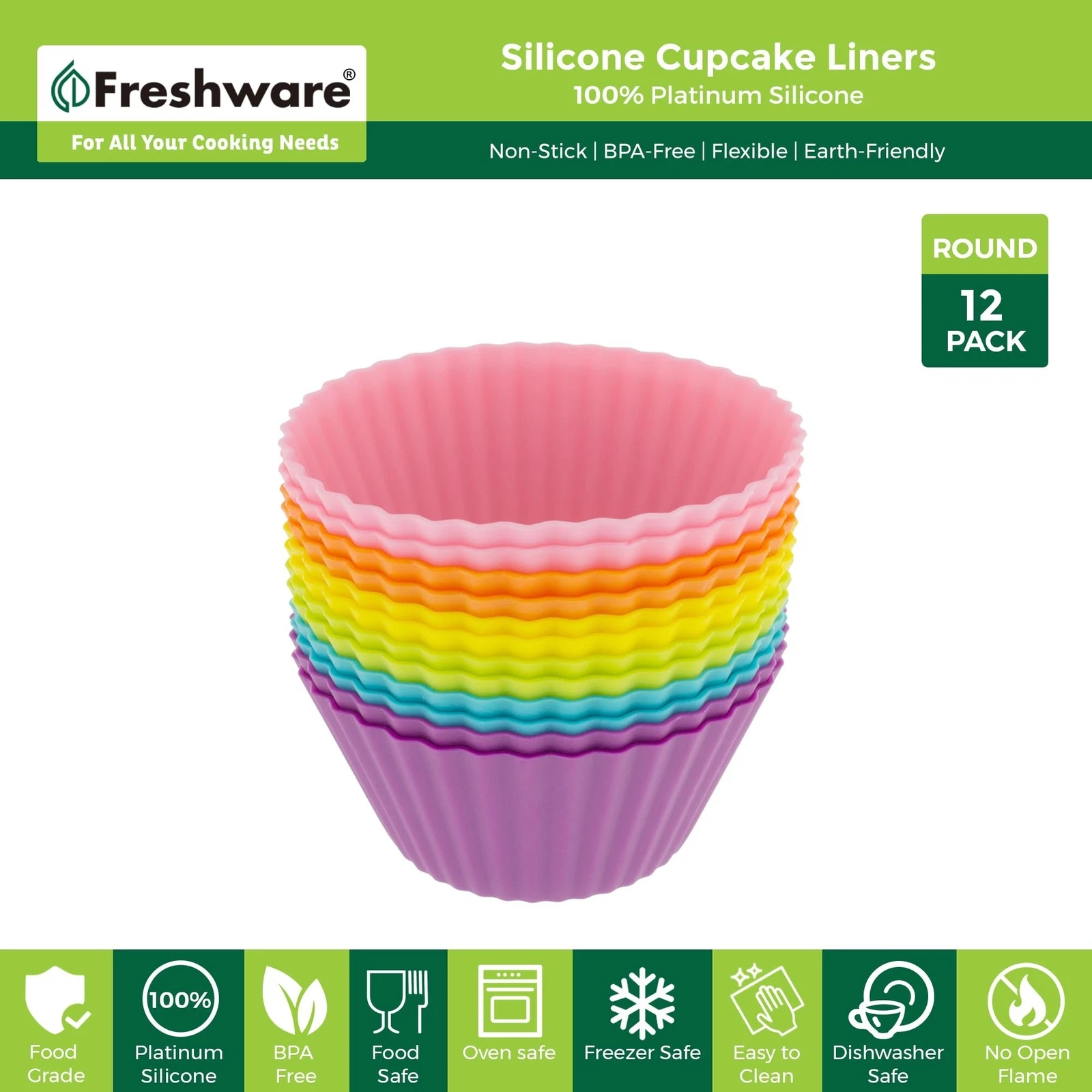 Freshware 12-Pack Silicone Standard Round Reusable Cupcake and Muffin Baking Cup - Thumbnail 3