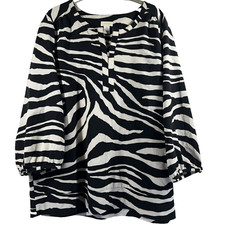Chicos Blouse Size XL Animal Zebra Black White V Neck 3/4 Sleeve Pullover Top