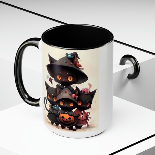 15oz Two-Tone Coffee Mugs Witching You A Fun Halloween Black Cat Anime Cartoon - Picture 16 of 26