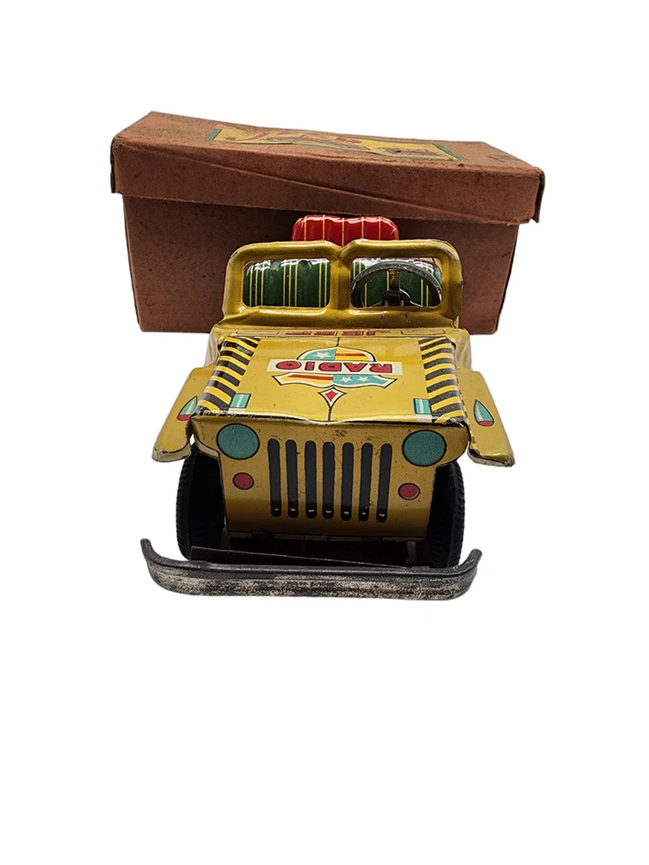 RADIO JEEP de colección YOSHIYA Japón juguete de hojalata litografía alimentado por fricción con CAJA Foto 3 de 4