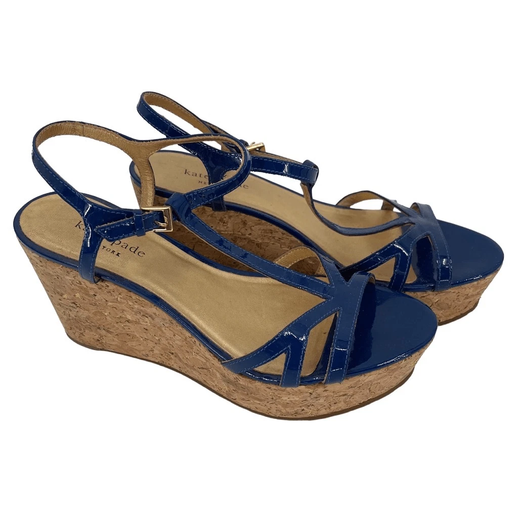 Kate Spade Theodora Cork Wedge Strappy Sandal Blue Patent Leather