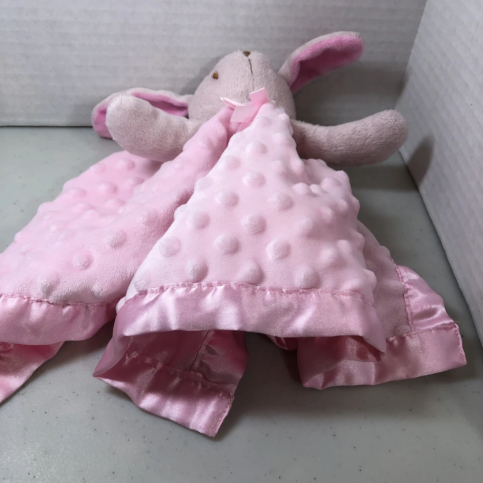 粉色 Lovey 兔子 毛绒 婴儿 女孩 安全毯 缎面装饰 16 英寸 Minky — 第 2/4 张图片