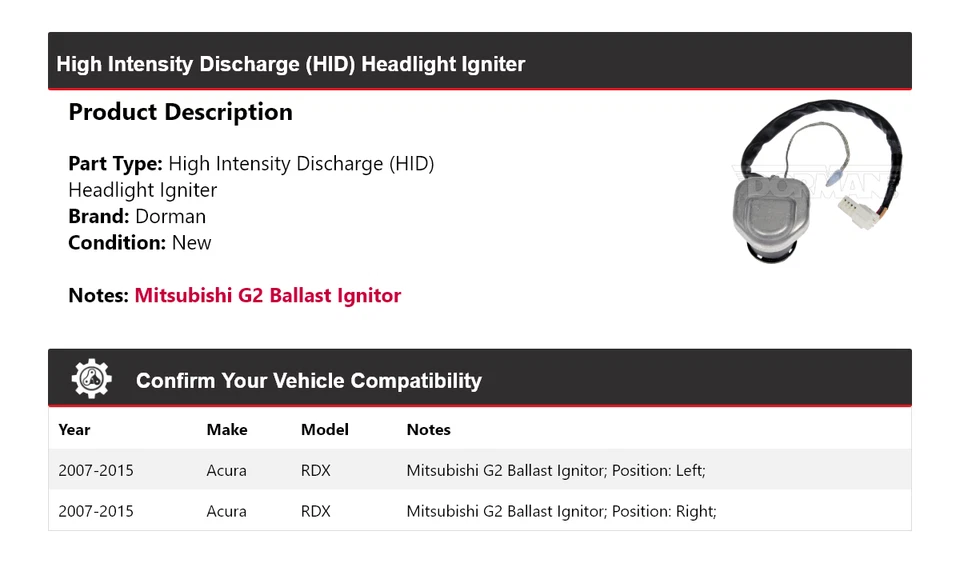 Encendedor de faros de descarga de alta intensidad (HID) para Acura RDX Dorman 2007-2015 Foto 2 de 4
