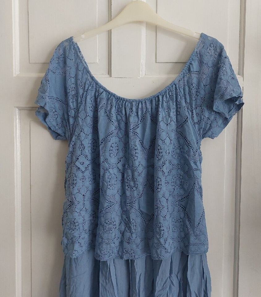 Off Shoulder Lace Top Midi Dress Blue Large Summer Holiday Party