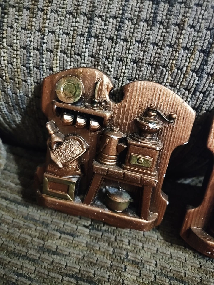 Vintage Miller Studio Chalkware Kitchen Scene 2pc Copper Paint 3" Clean 1989  - Image 3 of 4