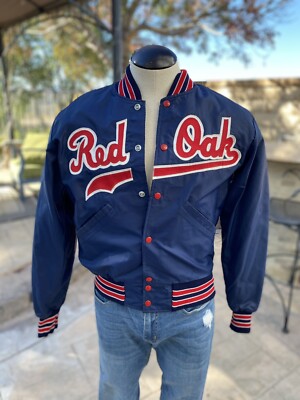 Vintage Red Oak Blue Red White Nylon Delong Jacket Men/Adult M Snap Ribbed Mint