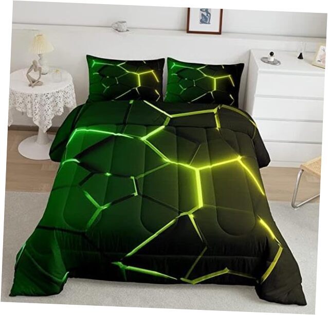 Geometry Comforter Sets, Hexagon Bedding Set Size Green Queen Black Geometry