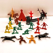 1960's Plastic Cowboys and Indians Play Lot 23 Pieces Horses Riders Canoe Teepee