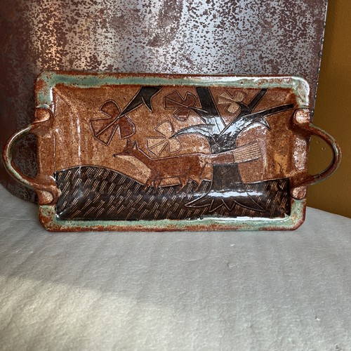 Studio Art Pottery Peder Hegland Handmade Stoneware 2 Handle Tray Fox Tree -Boho