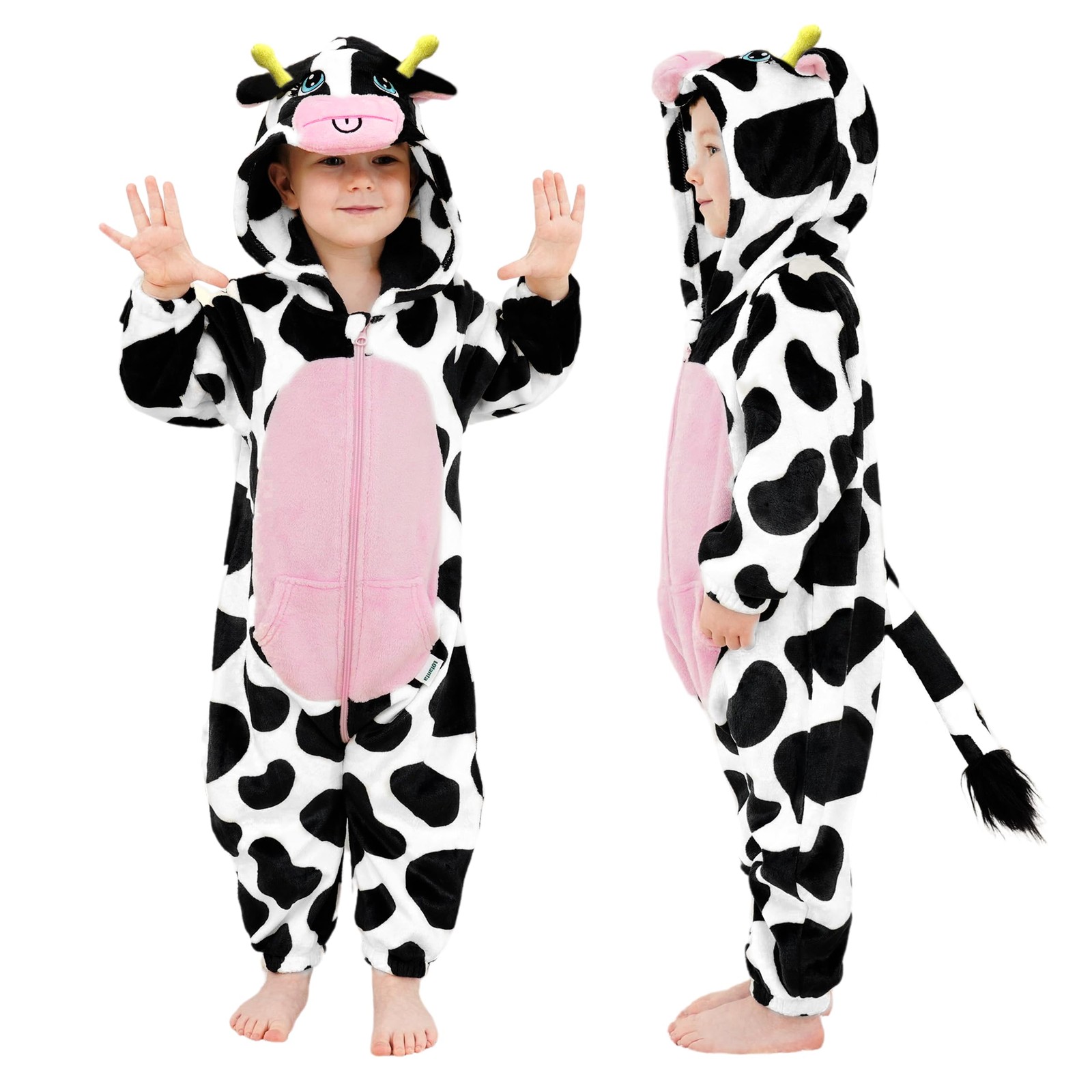 Déguisement de vache unisexe pour bébé avec combinaison animal en flanelle à capuche