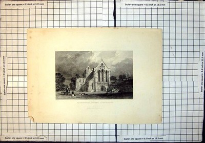 Original alter antiker Druck Frontansicht Llanercost Priorat Cumberland
