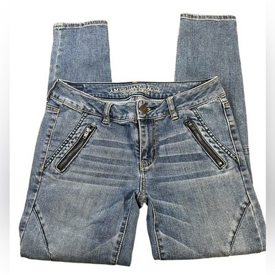 American Eagle Jegging Ankle Super Stretch Moto Jeans Blue Medium Wash Size 6