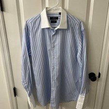 Sergio VALENTINO Pristine Blue And White Striped Dress Shirt With White Collar