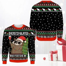 Overstimulated and Festive Funny Raccoon Ugly Christmas Sweater Unisex S  5XL