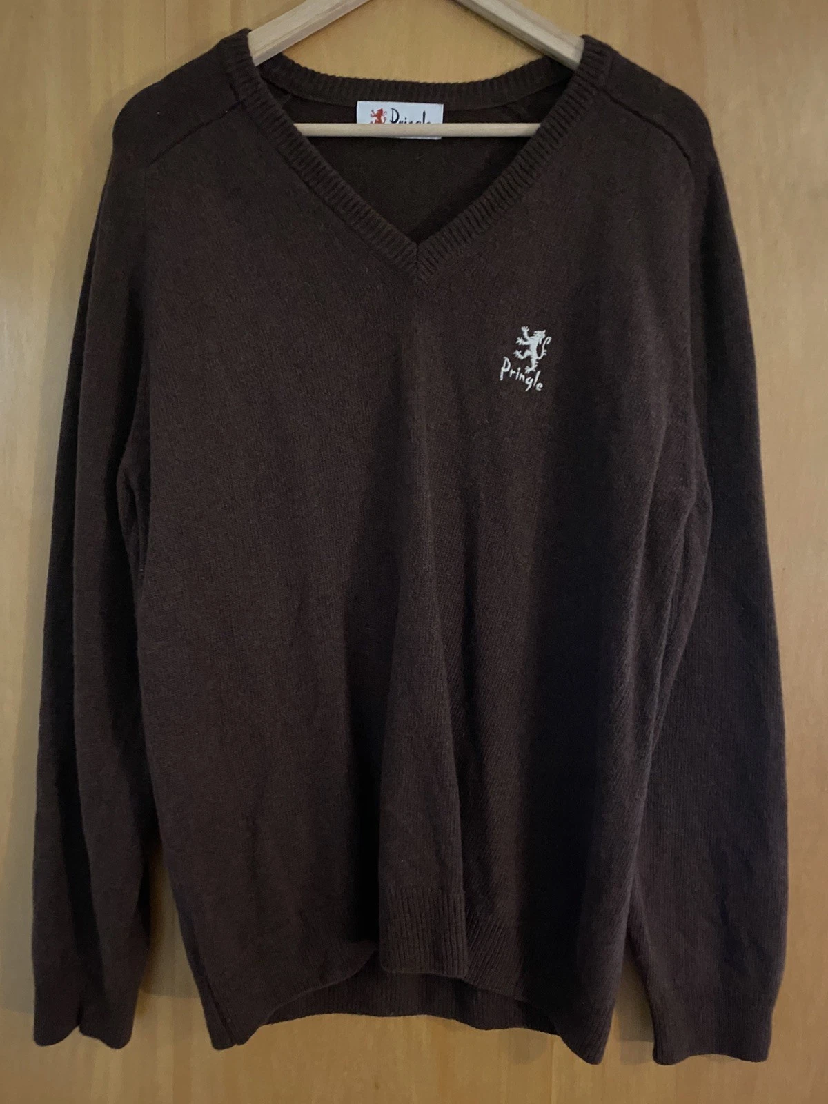 Men’s Pringle 1980’s Archive Lambswool V Neck Jumper. Chocolate Brown
