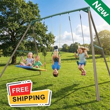 Hapfan 700lb 9.5ft Metal Swing Set Heavy Duty Kids Adult Swing Set with 3 Swings