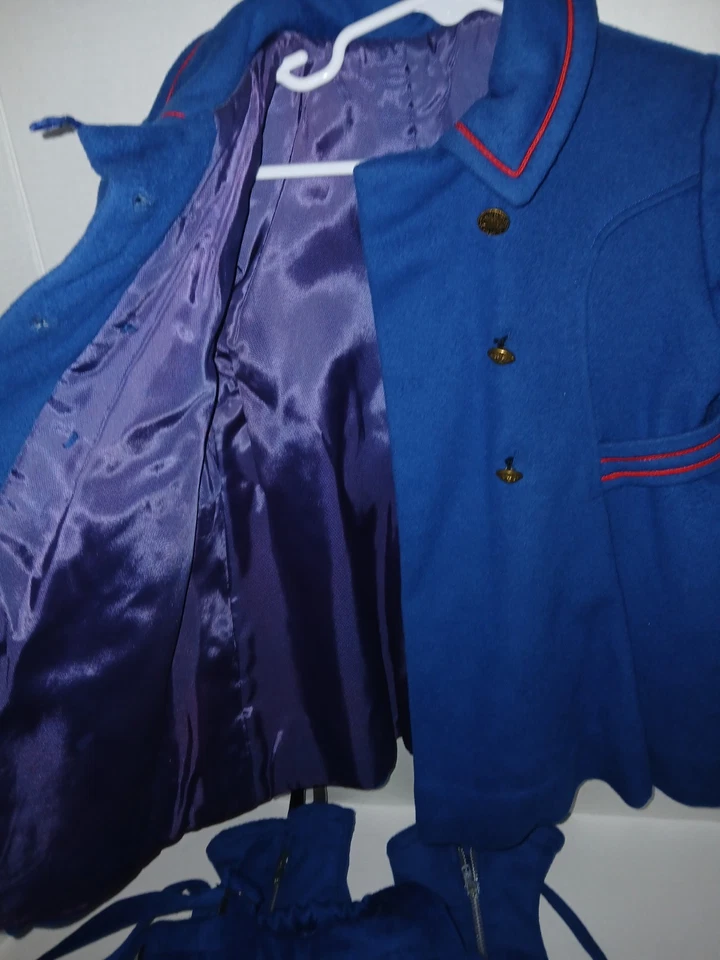 Conjunto de abrigo de lana vintage de los años 50 para niños pequeños hecho en Unión EE. UU. azul rojo ribete estilo dinero antiguo Foto 4 de 4