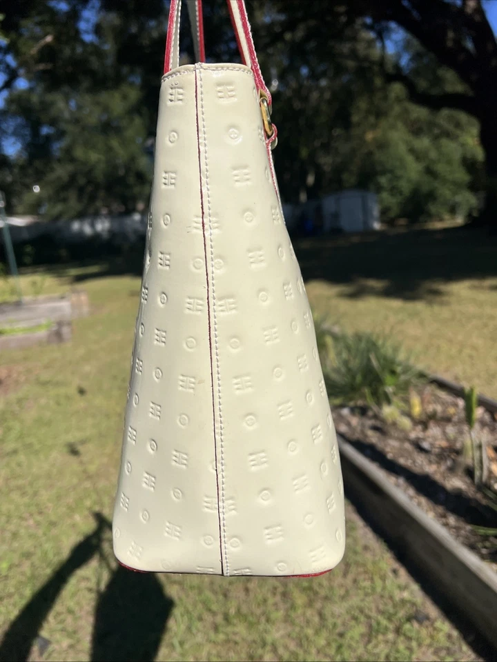 Arcadia Embossed Patent Leather Shoulder Bag Tote Satchel Off White Beige Italy - Image 3 of 4