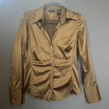 New York & Company Shirt Womens Medium Brown Satin Button Front Blouse