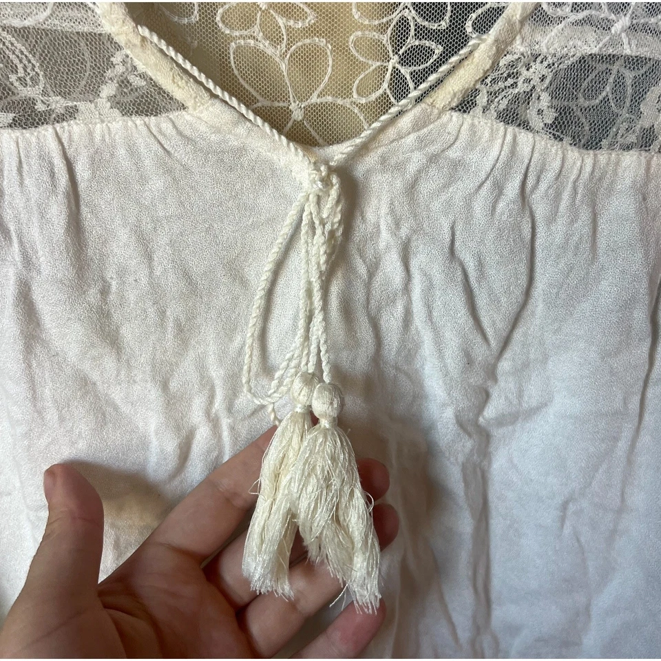 Y2K Ivory Floral Lace Sheer Peasant Blouse Small Romantic Boho Fairy Festival - Image 3 of 4