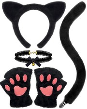 Black Cat Costume Accessories - Cat Ears Headband Tail Paws Gloves Choker