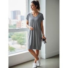 Athleta After Hours Sweater Dress XS Gray Marled Knit V Neck Casual Travel Dress