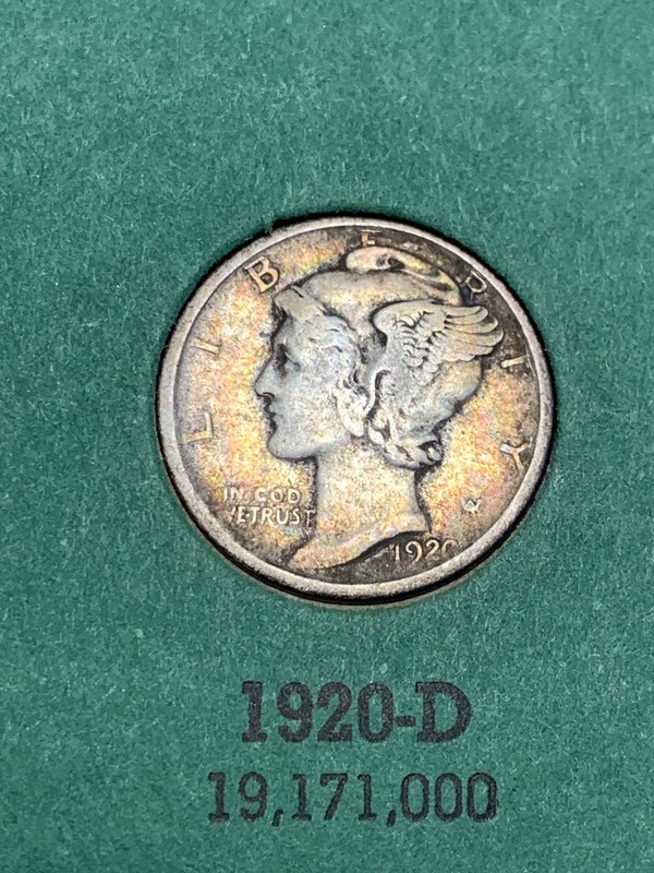 1920-D Silver Mercury Dime, Colorful Album Toning