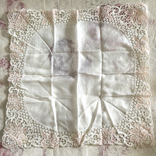 Vintage Pink  White Lace Handkerchief Switzerland Bride Wedding Keepsake
