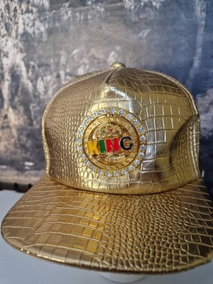 Gold KING Snapback Hat Faux Croc Embossed Bling Crown Cap Rubies