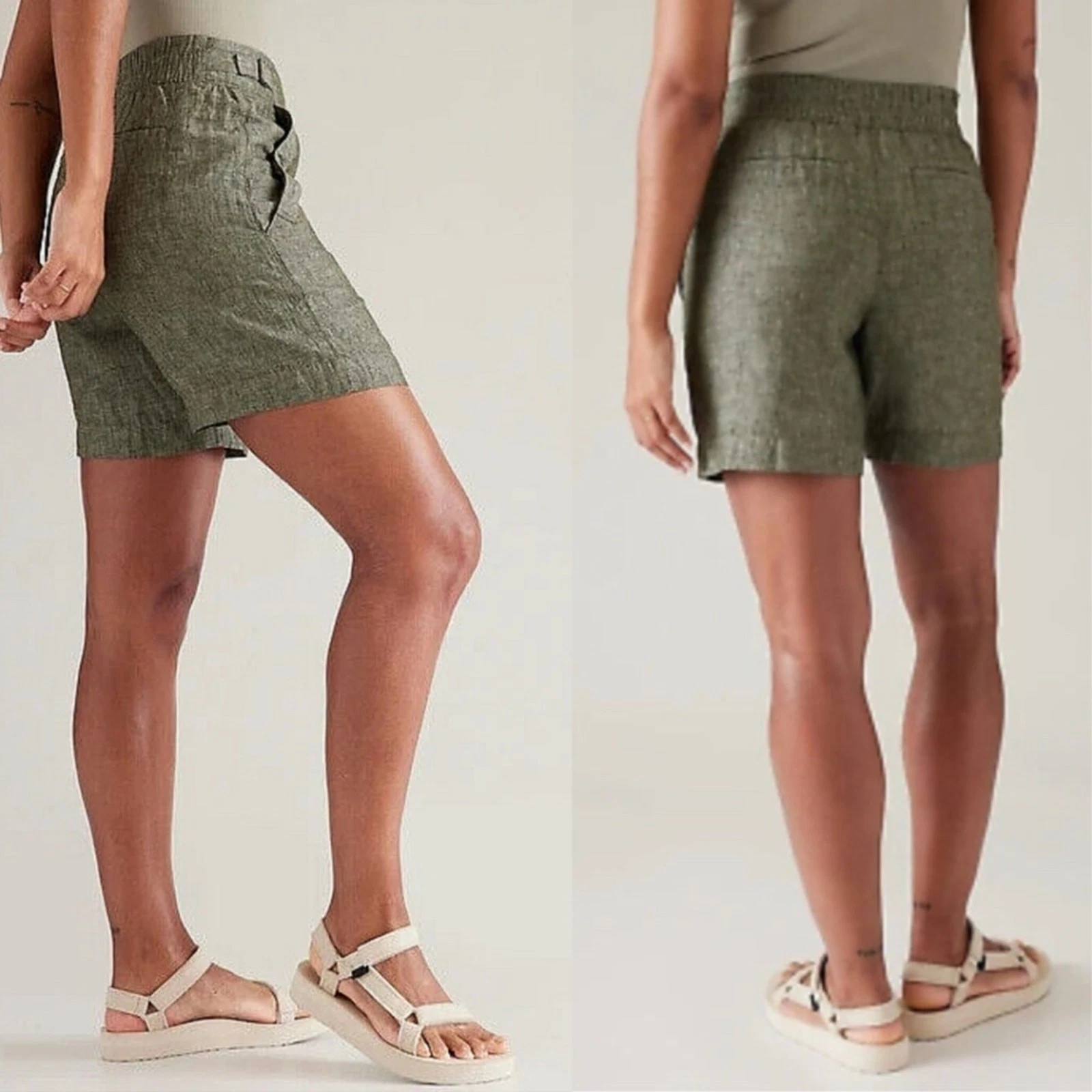 Athleta Voyager Green 100% Linen Shorts Size 10