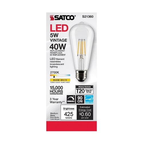 Satco S21360 - 5 Watt ST19 LED Clear Vintage Edison Light bulb - 2700K (6 Pack) - Picture 2 of 8