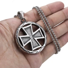 Large Heavy Silver Iron Cross Double Sided Stainless Steel Men Pendant Necklace