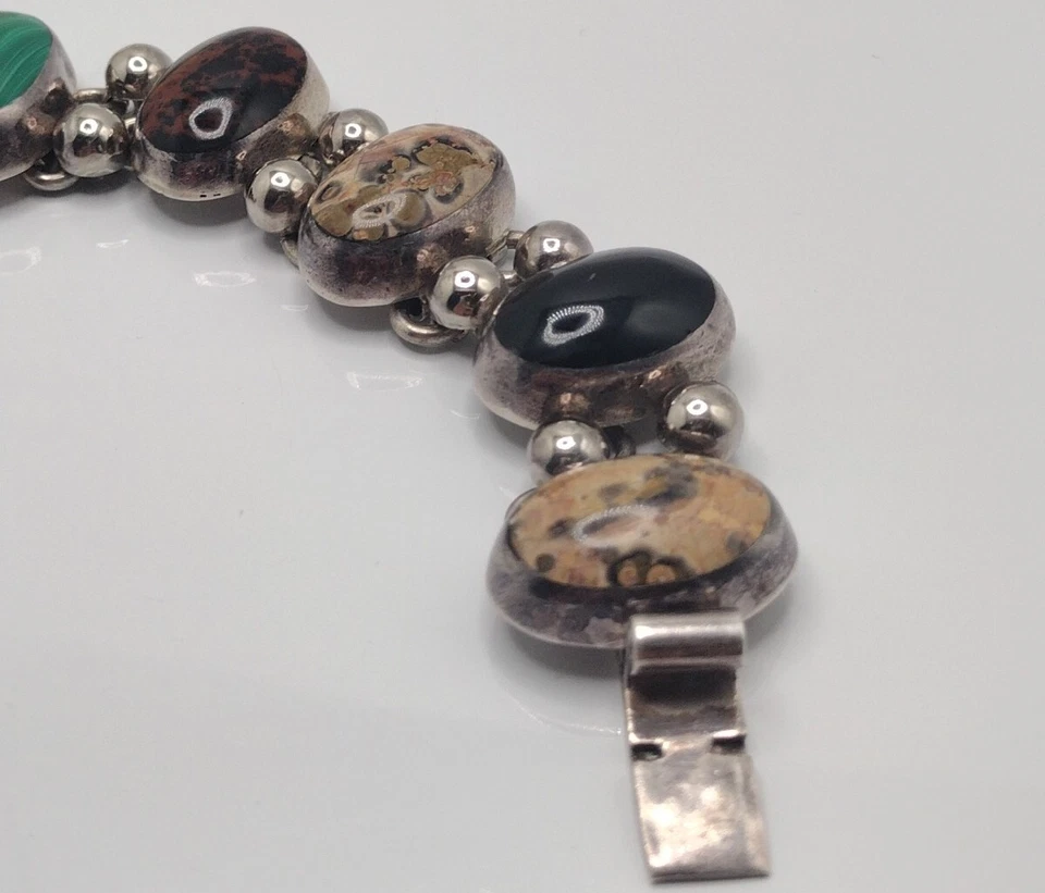 Pulseira cabochão muito pesada grande México TL-17 esterlina 925 incrustada pedra preciosa 75g - Imagem 4 de 4