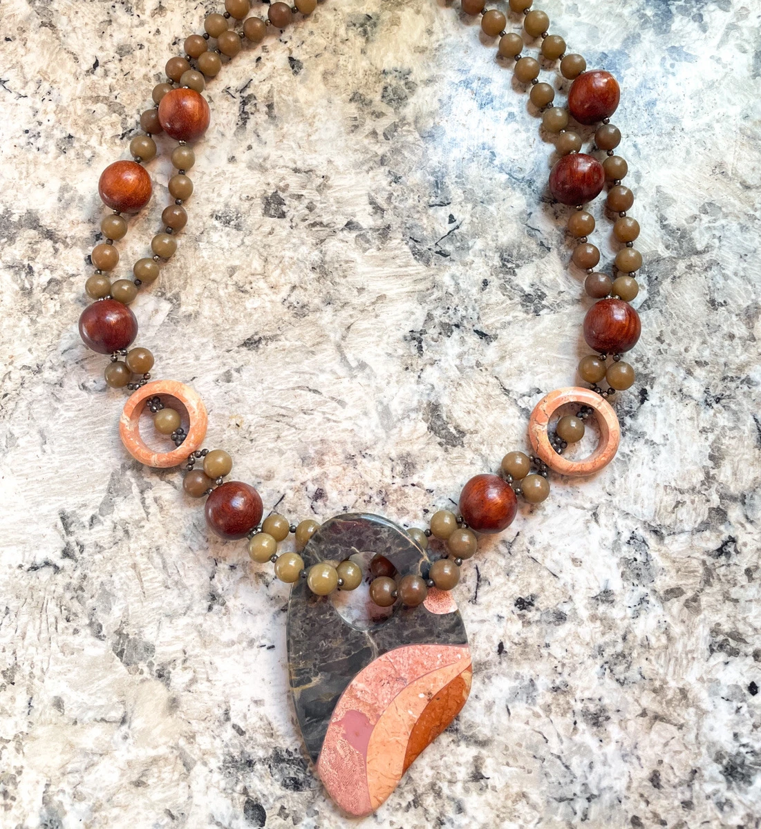 Tagua Nut and Wood Bead Necklace with Large Jasper Pendant 15in Drop