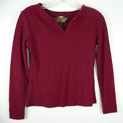 Harley-Davidson Long Sleeve XS Flame Textured Top T-Shirt Women s Burgundy